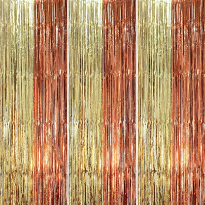 Voircoloria 3 Pack 3.3x8.2 Feet Gold Foil Fringe Backdrop Curtains, Tinsel Streamers, Fringe Backdrop for 2025 New Years Eve, Graduation, Birthday, Baby Shower, Gender Reveal, Disco Party - Colors A