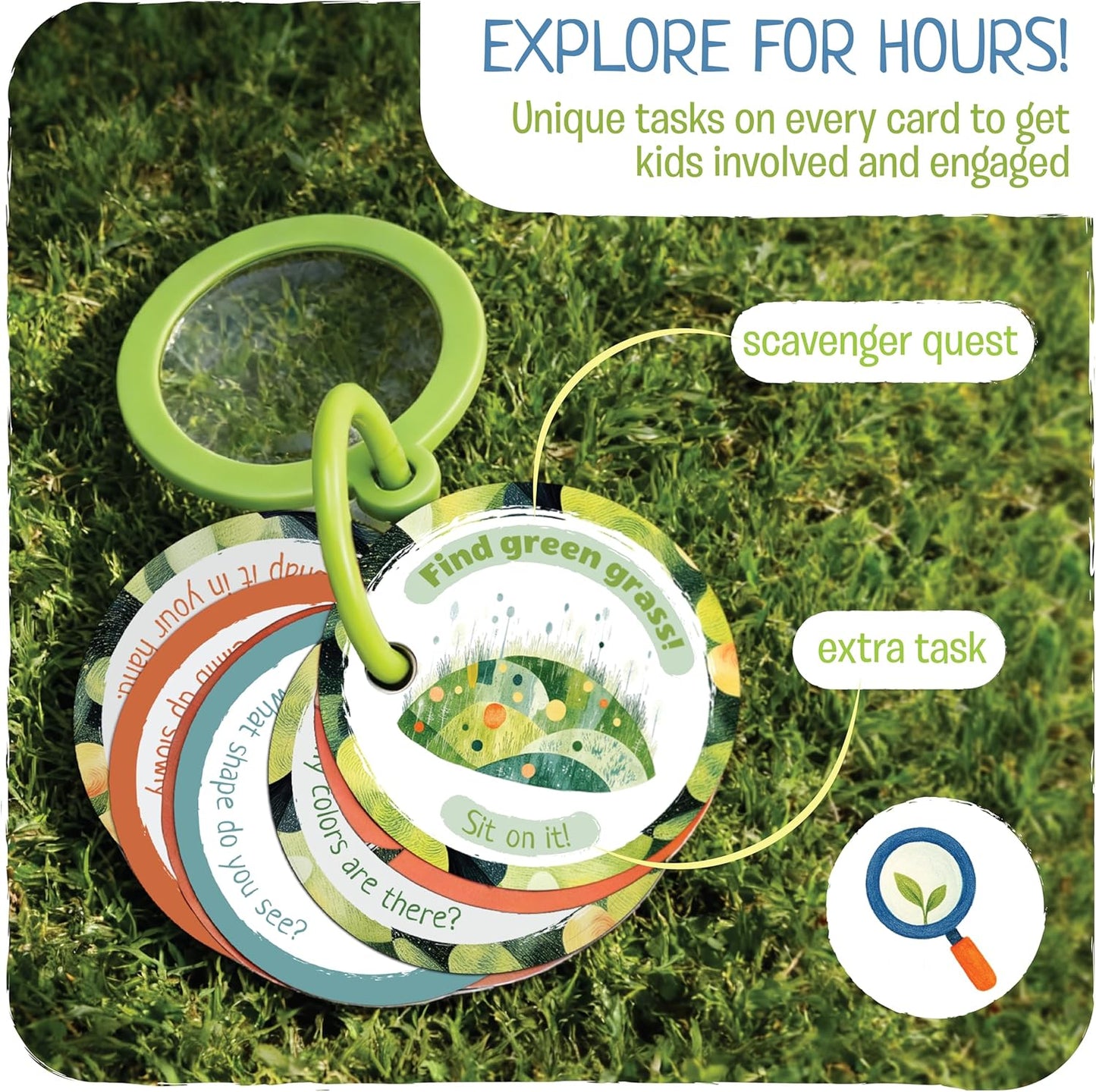 Scavenger Hunt Cards at the Park | Kids Outdoor Activity Cards Game with Magnifying Lens | Nature 2 Year Old Gifts for 2-3 Year Olds | Toddler Games for Boys & Girls