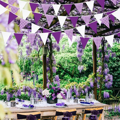 32Ft Dusty Blue Party Decorations Retro Blue Gingham Triangle Banner Flag Pennant Fabric Garland Streamers for Nautical Wedding Birthday Ahoy Achor Bridal Baby Shower Under The Sea Decor Supplies