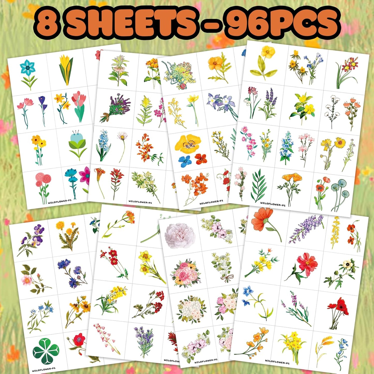96 PCS Small Wildflower Floral Pre–Cut Temporary Tattoos Birthday Party Decorations Supplies Favors Spring Flower Bouquets Decor Stickers Gifts Boys Girls Classroom School Prizes Reward (Normal)