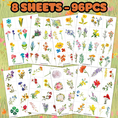 96 PCS Small Wildflower Floral Pre–Cut Temporary Tattoos Birthday Party Decorations Supplies Favors Spring Flower Bouquets Decor Stickers Gifts Boys Girls Classroom School Prizes Reward (Normal)