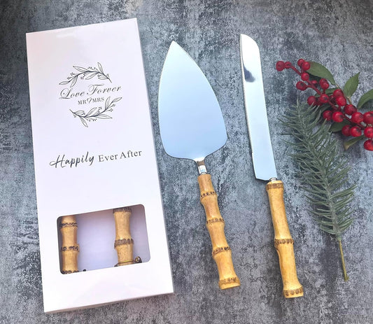 11 inch Cake Cutting Set of 2 Piece for Wedding, Elegant Cake Knife and Server Set with Natural Real Bamboo Handle, Cake Cutter and Pie Spatula for Birthday Anniversary Christmas (Silver)