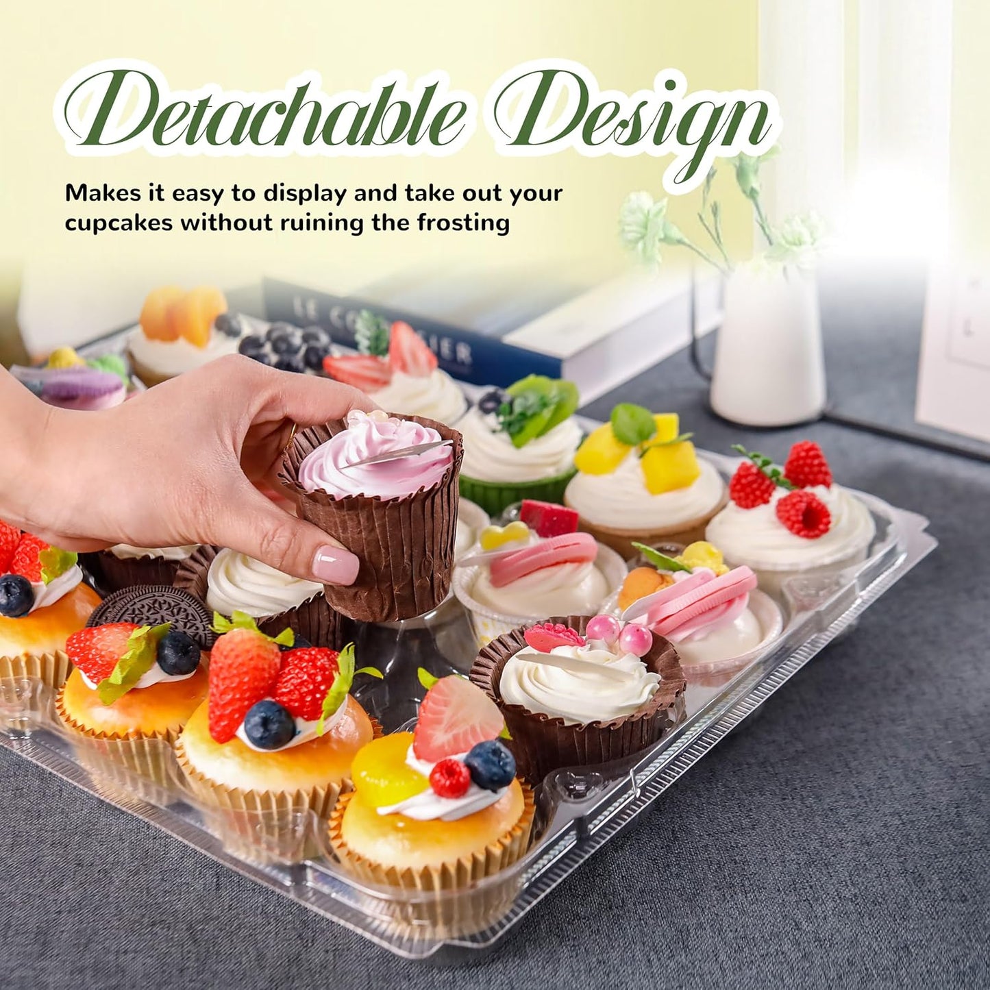 NPLUX 24 Count Cupcake Containers 10 Pack Cupcake Holders Plastic Stackable Cupcake Boxes with Detachable Tall Dome Lids and 240 Liners for 240 Cupcakes, BPA Free, Standard Size