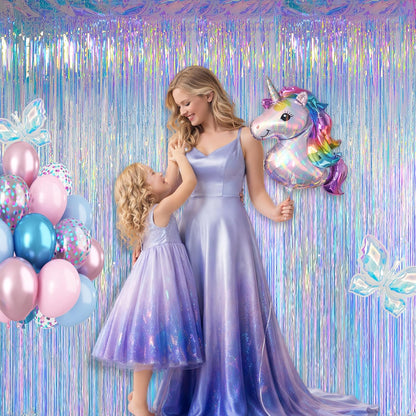 Melsan 2 Pack 3.2 ft x 8.2 ft Tinsel Foil Fringe Curtains Backdrop, Sparkle Metallic Foil Curtains for Party Photo Booth Props Decoration, Pinkish Purple