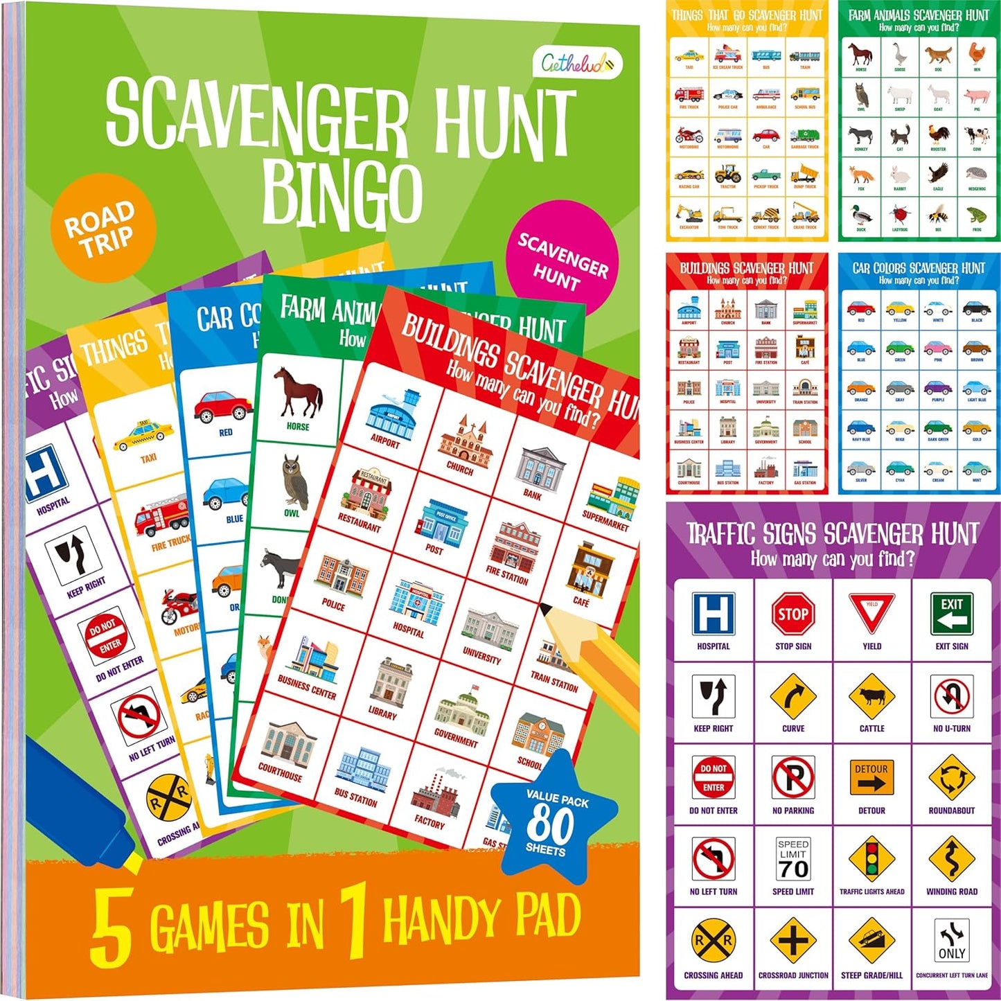 Road Trip Game Pad, 5 Games in 1 (Farm Animals, Car Colors, Buildings, Traffic Signs, Vehicles Scavenger Hunt Bingo), Pen Pencil Paper Game, Plane Trip/ Car Travel/Getaway Activity Pad for Kid, Adult