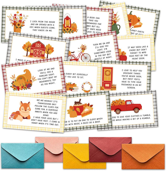 Autumn Treasure Hunt Clue Game, Thanksgiving Games Scavenger Hunt Cards, Indoor Outdoor Pumpkin Party Favors Thanksgiving Party Supplies, 14 Cards with Colorful Envelopes, 03
