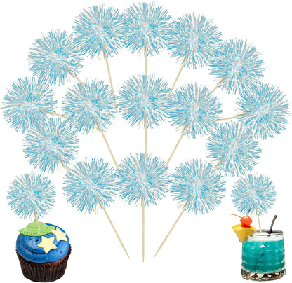 Ephlyn 30Pcs Foil Firework Cupcake Toppers Sparkle Tinsel Cupcake Picks Drink Stirrers Cocktail Food Fruit Toothpicks for Baby Shower Graduation Party Supplies White