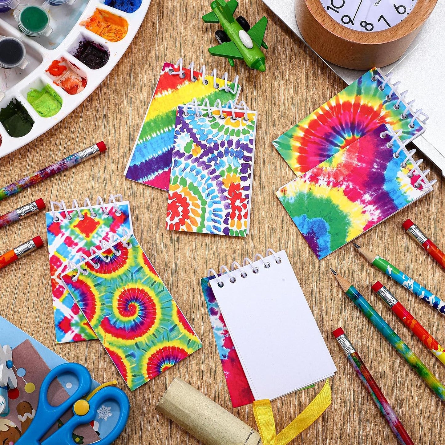 Honoson 48 Pcs Mini Tie Dye Notepads for Pocket Little Notepads Spiral Mini Notebooks, Small Note Pads and Pencils Bulk Tie Dye Birthday Party Favor Art Supplies(Light)