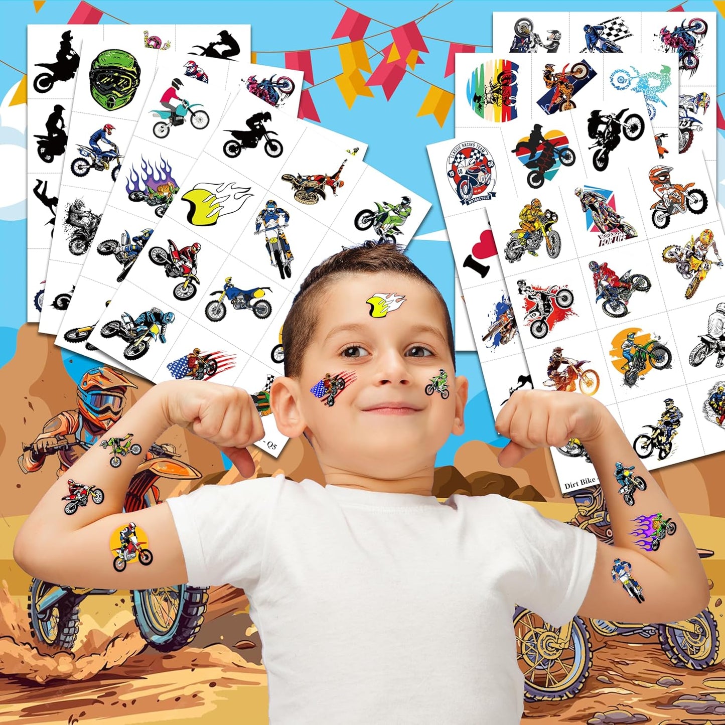 Dirt Bike Temporary Tattoos - 96 PCS (8 Sheets) Fake Tattoo Stickers for Boys & Girls | Motocross Themed Birthday Party Supplies, Favors, Decorations & Rewards