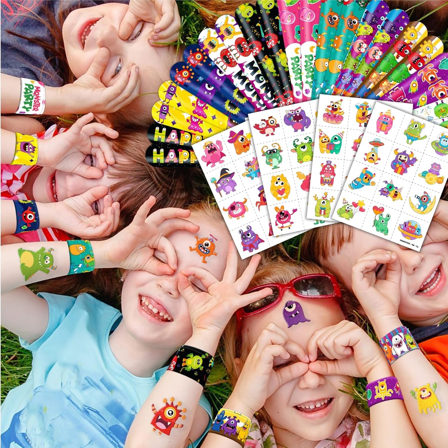 72PCS Monster Party Set - 48PCS Temporary Tattoos & 24PCS Slap Bracelets - Fun Monster-Themed Birthday Supplies, Baby Shower Gifts, Classroom Rewards & Party Decorations for Kids (Boys & Girls)