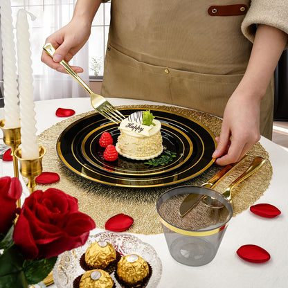 BESTVIP 350PCS Gold Plastic Dinnerware Set, Disposable Party Plates for 50 Guests, Include: 100 Plastic Plates, 50 Pre Rolled Napkins with Gold Silverware, 50 Cups