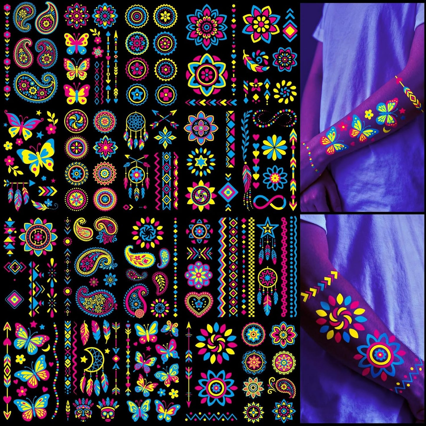 Glow in the Dark Tattoos 256+ PCS – Luminous Party Supplies Neon Body Paint UV Face Temporary Tattoos for Adults Teens, 32 Sheets Neon Accessories Carnival Raves Party Favors & Decorations