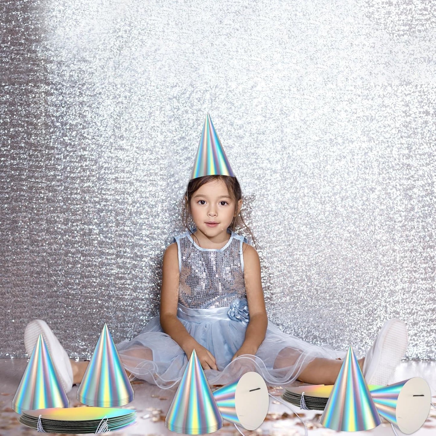 ZOIIWA 48 Pieces Iridescent Party Hats Rainbow Laser Themed Hat Birthday Party Cone Hats with Elastic String for Birthday Parties and Friend gatherings Rainbow Handmade Hat for Kids Baby Shower Boys