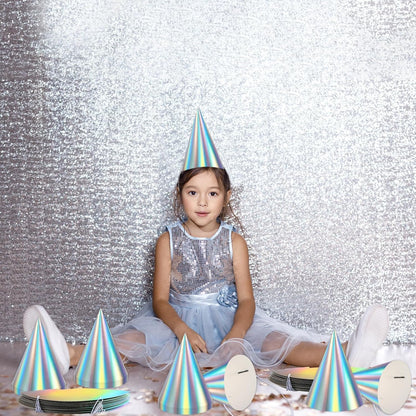 ZOIIWA 48 Pieces Iridescent Party Hats Rainbow Laser Themed Hat Birthday Party Cone Hats with Elastic String for Birthday Parties and Friend gatherings Rainbow Handmade Hat for Kids Baby Shower Boys