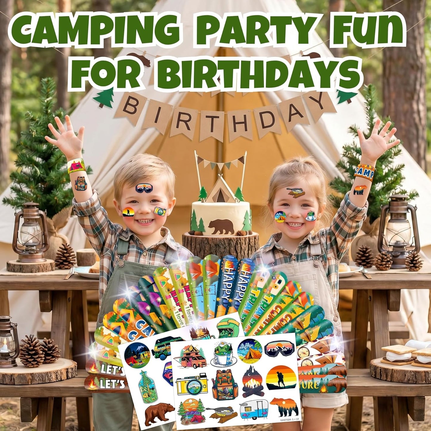 48 PCS Camping Party Favors 24PCS Tattoos Sticker 24PCS Slap Bracelets Wristbands Perfect for Camp Themed Birthday Baby Showers or Classroom Rewards Ideal Decor and Gifts for Girls Boys (Camping 2)