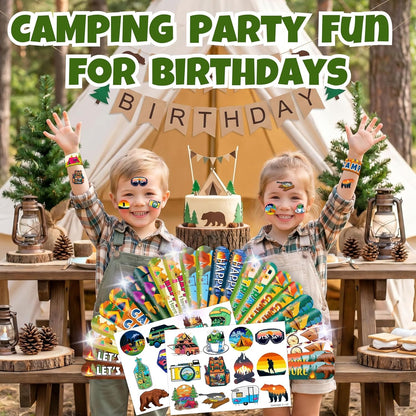 48 PCS Camping Party Favors 24PCS Tattoos Sticker 24PCS Slap Bracelets Wristbands Perfect for Camp Themed Birthday Baby Showers or Classroom Rewards Ideal Decor and Gifts for Girls Boys (Camping 2)