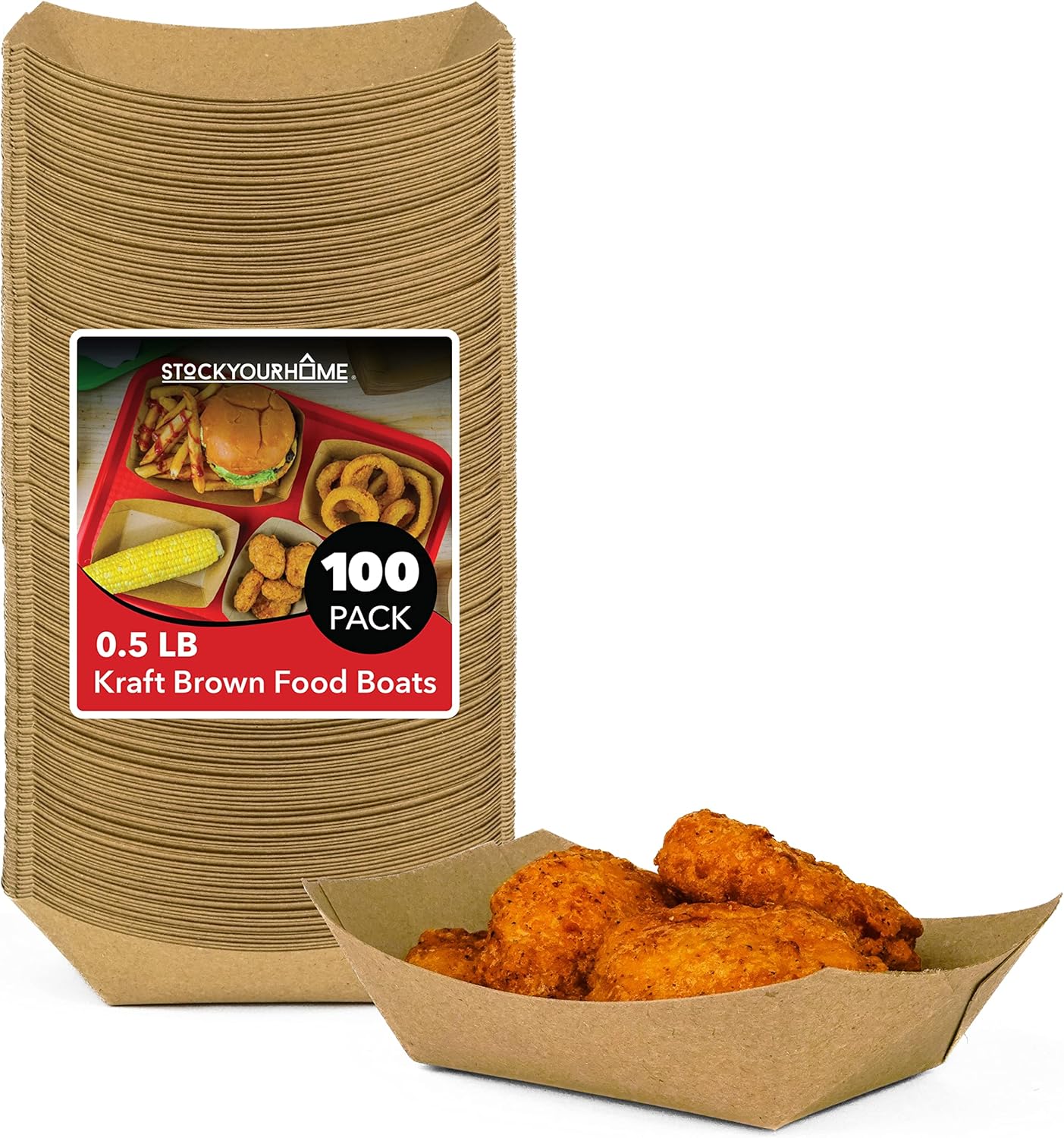 [250 Pack] Medium Disposable Brown Kraft Paper Food Trays, 1-Lb Concession Tray, Serving Boats for Party Snacks, Taco Bar, Seafood, Nachos Plates