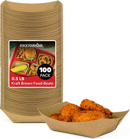 [250 Pack] Medium Disposable Brown Kraft Paper Food Trays, 1-Lb Concession Tray, Serving Boats for Party Snacks, Taco Bar, Seafood, Nachos Plates