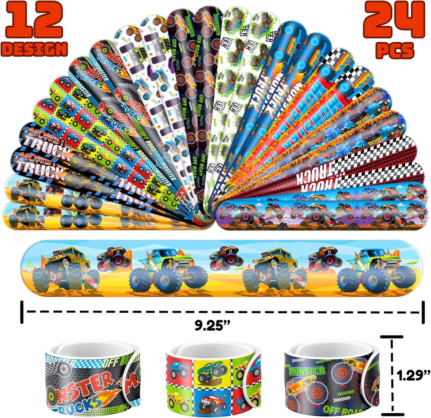 72PCS Monster Truck Party Favors | 48 Pre Cut Temporary Tattoos 24 Slap Bracelets Kids Boys Birthday Party Supplies Classroom Prizes School Rewards