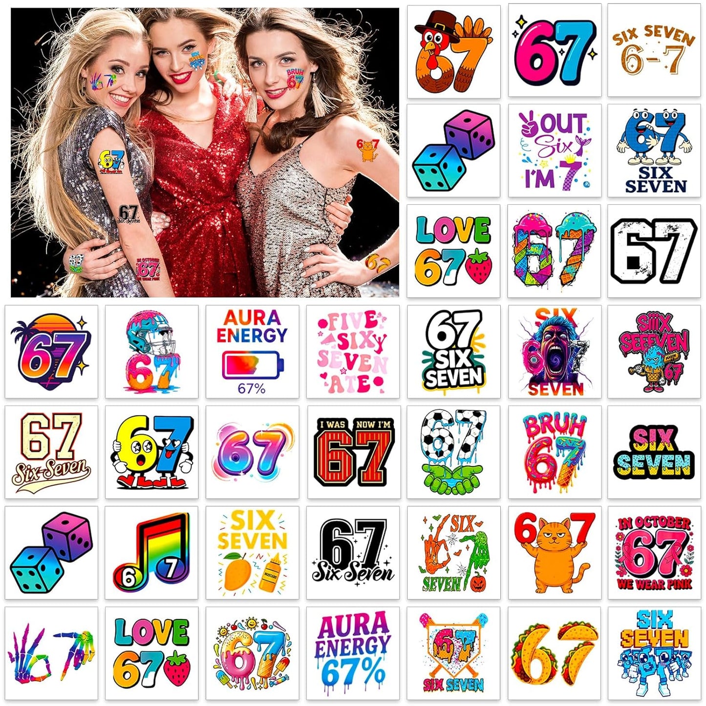 Konsait 40 Pcs Single Sheet Six Seven 67 Temporary Tattoos 67 Decorations Tattoos Stickers Party Supplies for 6 7 Party Favors and 6 7 Birthday Decorations