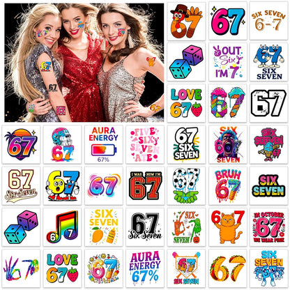 Konsait 40 Pcs Single Sheet Six Seven 67 Temporary Tattoos 67 Decorations Tattoos Stickers Party Supplies for 6 7 Party Favors and 6 7 Birthday Decorations
