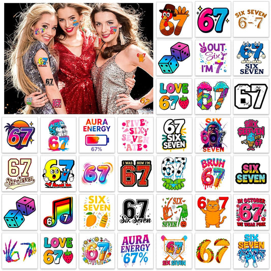 Konsait 40 Pcs Single Sheet Six Seven 67 Temporary Tattoos 67 Decorations Tattoos Stickers Party Supplies for 6 7 Party Favors and 6 7 Birthday Decorations