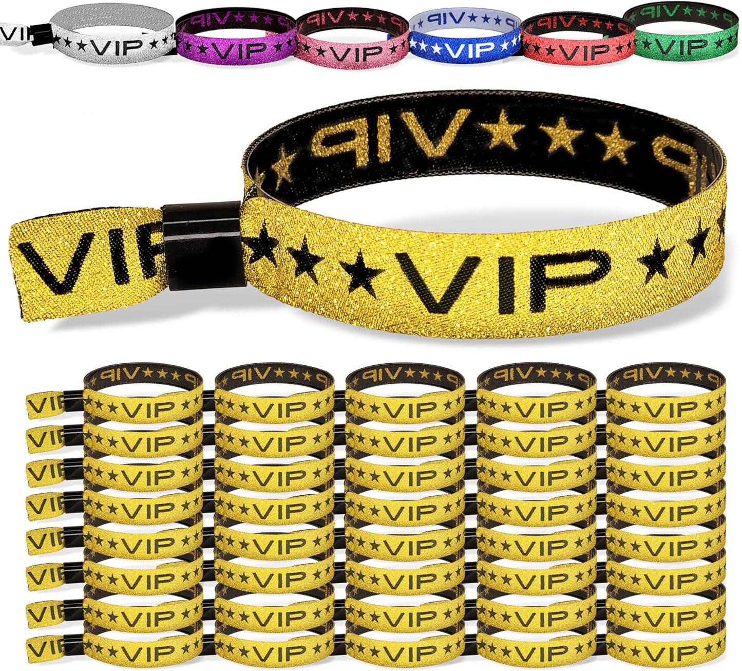 100 Pack Glitter Gold VIP Party Wristbands with Secure Locking Clip. Must Have Adjustable Sparkle VIP Wrist Bands for Events, Parties, Weddings and Festivals