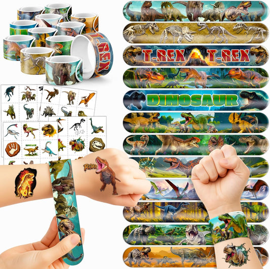 Cherisnowy 72 PCS Dinosaur 3D Party Favors - 48 Temporary Pre-Cut Tattoos & 24 Slap Bracelets - Party Favors for Boys & Girls, Birthday Goodie Bag Fillers, Baby Shower Gifts, Classroom Rewards