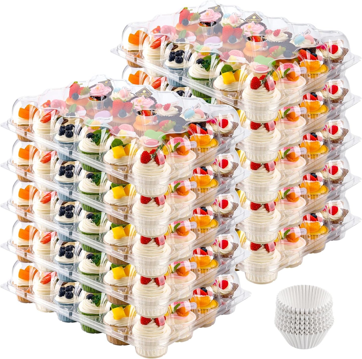 NPLUX 24 Count Cupcake Containers 10 Pack Cupcake Holders Plastic Stackable Cupcake Boxes with Detachable Tall Dome Lids and 240 Liners for 240 Cupcakes, BPA Free, Standard Size