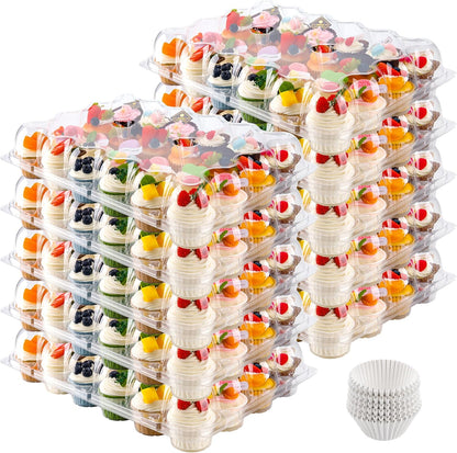 NPLUX 24 Count Cupcake Containers 10 Pack Cupcake Holders Plastic Stackable Cupcake Boxes with Detachable Tall Dome Lids and 240 Liners for 240 Cupcakes, BPA Free, Standard Size