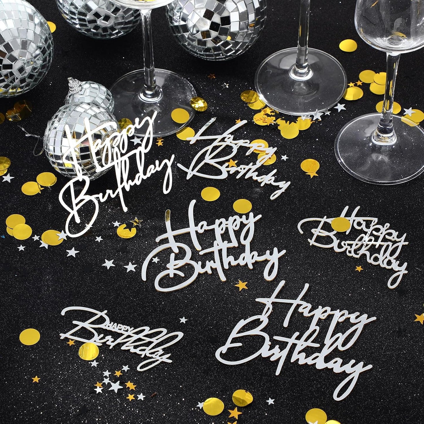Barydat 24 Pieces Gold Happy Birthday Cake Toppers Mirror Acrylic Cupcake Topper Happy Birthday Sign for Cake Side Cupcake Decorations, 6 Styles