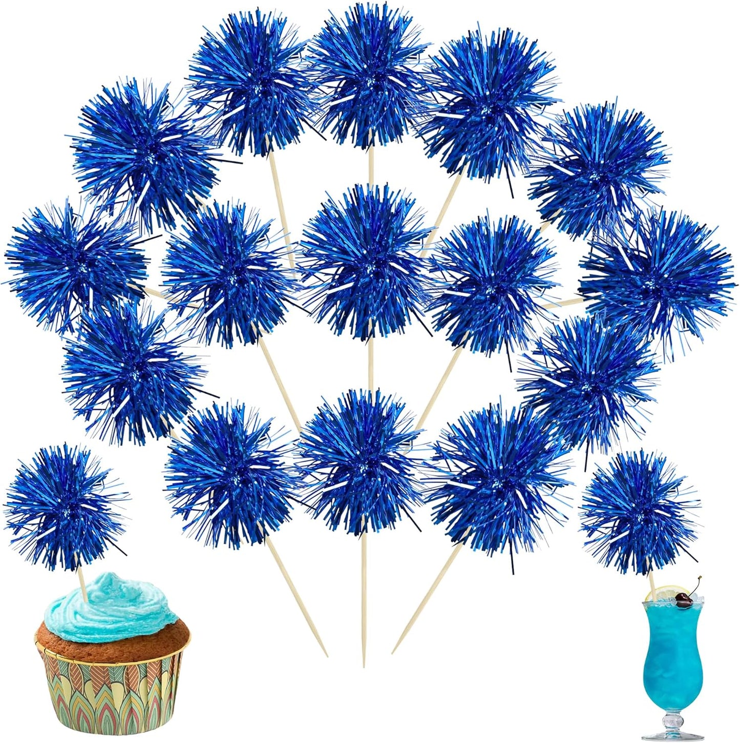 Ephlyn 30Pcs Foil Firework Cupcake Toppers Sparkle Tinsel Cupcake Picks Drink Stirrers Cocktail Food Fruit Toothpicks for Baby Shower Graduation Party Supplies White