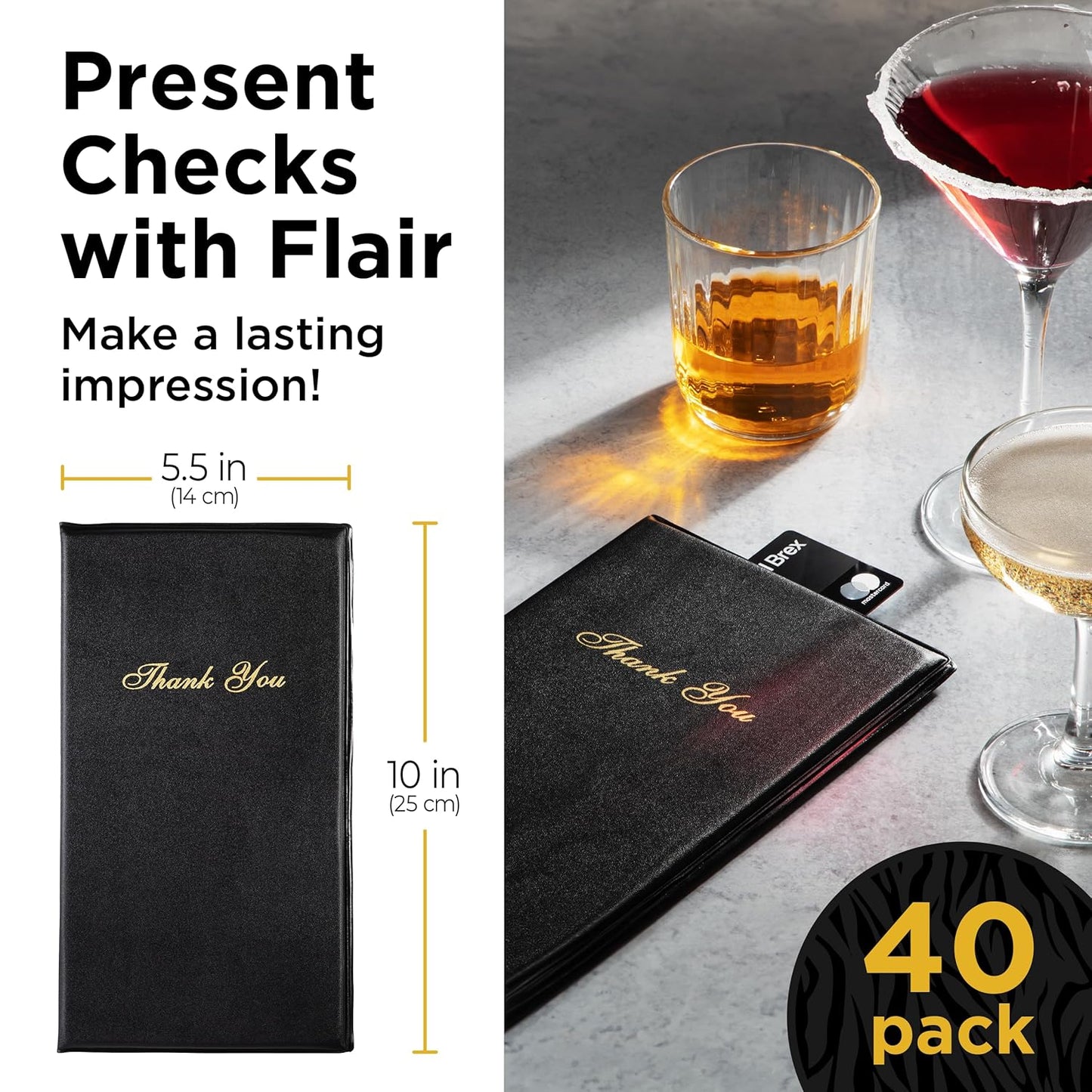 Restaurant Check Presenters - Guest Check Card Holder with Gold Thank You Imprint - 5.5" x 10" Black 20 Pack, Standard Server Book - Waitress Book