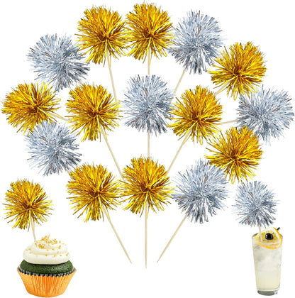 Ephlyn 30Pcs Foil Firework Cupcake Toppers Sparkle Tinsel Cupcake Picks Drink Stirrers Cocktail Food Fruit Toothpicks for Baby Shower Graduation Party Supplies White