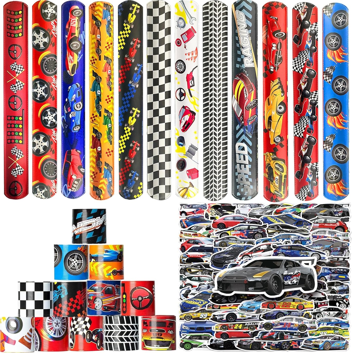 CZWXOXO 74 Pcs Racing Theme Party Favors 24 Pcs Slap Bracelets 50 Pcs Stickers Racing Birthday Party Decorations，Classroom Rewards Supplies