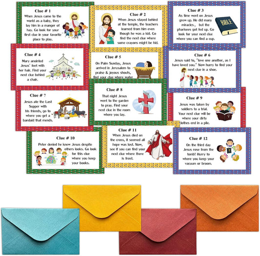 Rainfly Religious Scavenger Hunt, Indoor Clue Card Games, Christian Treasure Hunt Clues Cards, Sunday Holy Week Easter Party Supplies For Family Adults (12 Clues Cards With Envelopes) -A03