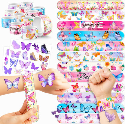 48 PCS Butterfly Party Set: 24 PCS Temporary Tattoos & 24 PCS Slap Bracelets - Cute Butterfly-Themed Gifts for Kids, Girls, Boys - Birthday Parties, Baby Showers, Classroom Rewards, Party Decorations