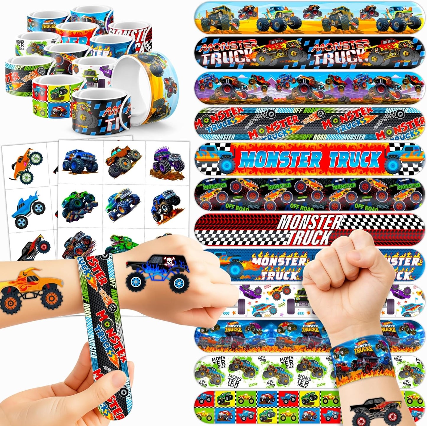 72PCS Monster Truck Party Favors | 48 Pre Cut Temporary Tattoos 24 Slap Bracelets Kids Boys Birthday Party Supplies Classroom Prizes School Rewards