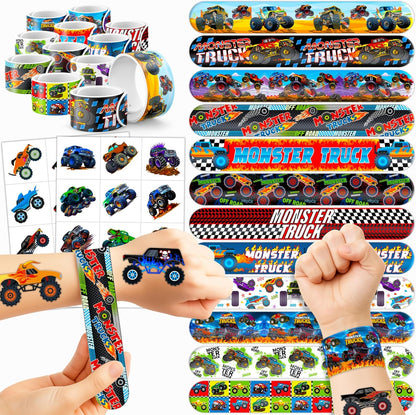 72PCS Monster Truck Party Favors | 48 Pre Cut Temporary Tattoos 24 Slap Bracelets Kids Boys Birthday Party Supplies Classroom Prizes School Rewards