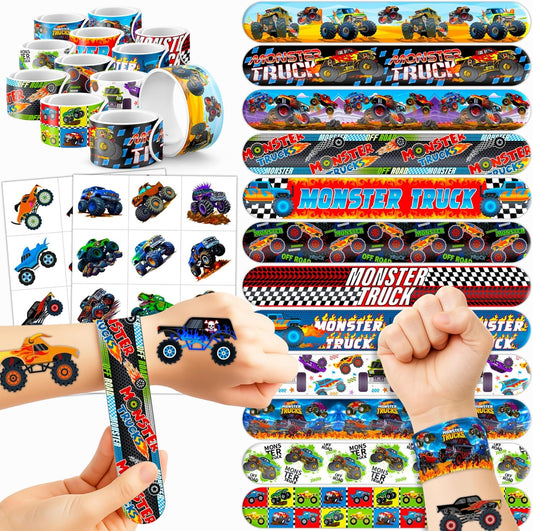 72PCS Monster Truck Party Favors | 48 Pre Cut Temporary Tattoos 24 Slap Bracelets Kids Boys Birthday Party Supplies Classroom Prizes School Rewards