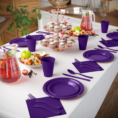 350 Pcs Black Plastic Plates For Party, Black Disposable Plates Set, 50 Of Each 9" Dinner Plate Set, 7" Dessert Plate, Cups, Napkins & Cutlery Plastic Dinnerware Set Exquisite