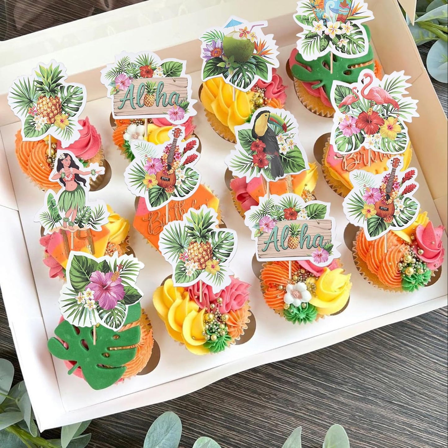 28 PCS Tropical Cupcake Toppers Glitter Leaf Pineapple Flower Palm Tree Flamingo Cupcake Picks Aloha Cake Decorations for Summer Hawaiian Luau Theme Baby Shower Birthday Wedding Party Supplies
