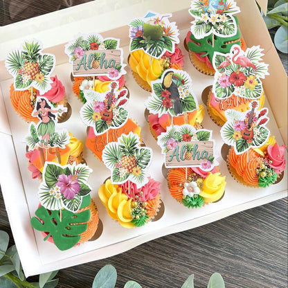28 PCS Tropical Cupcake Toppers Glitter Leaf Pineapple Flower Palm Tree Flamingo Cupcake Picks Aloha Cake Decorations for Summer Hawaiian Luau Theme Baby Shower Birthday Wedding Party Supplies