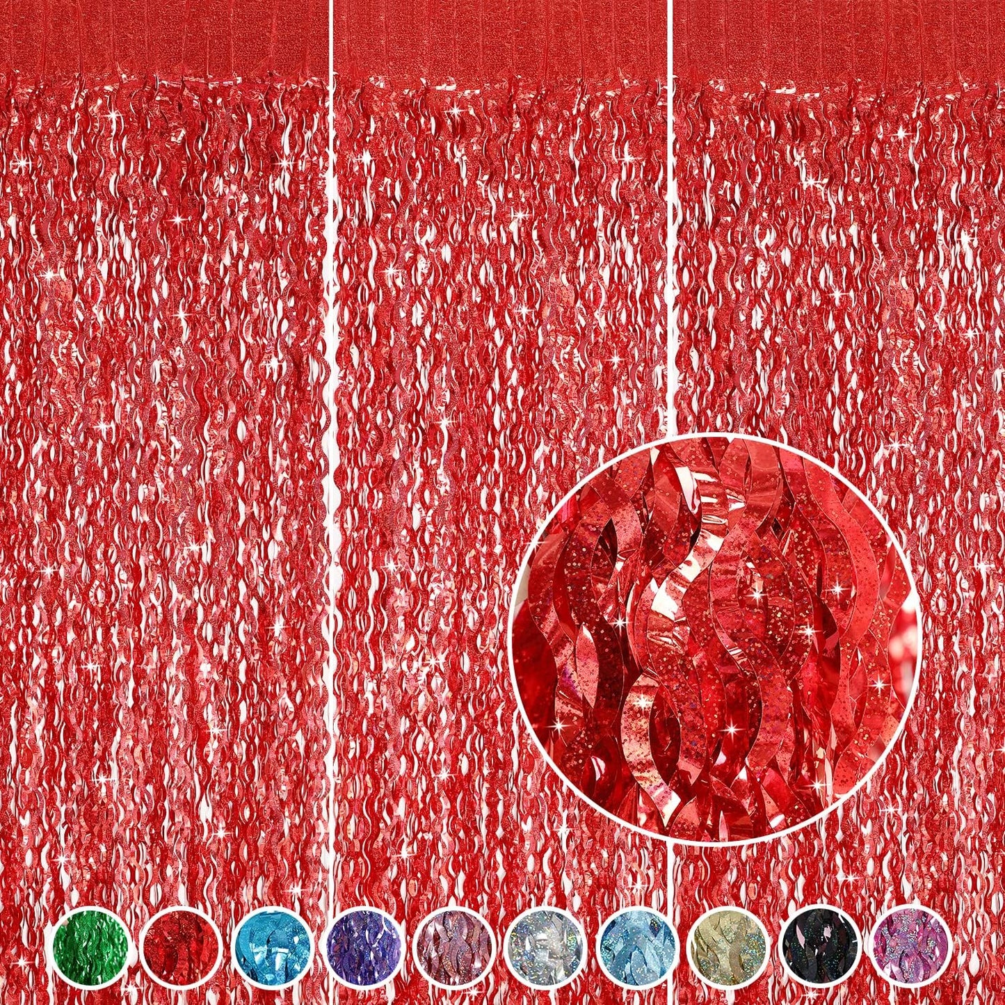 3 Pack Colorful Foil Fringe Curtain Backdrop - 6.6 x 3.3 ft Wavy Rainbow Tinsel Backdrop Curtain Metallic Streamers Iridescent Holiday Photo Booth Party Decorations