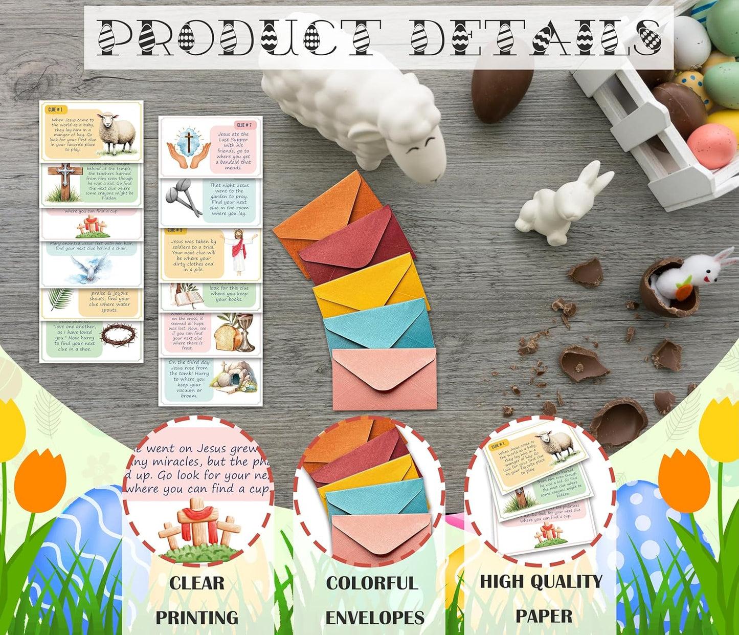 Easter Treasure Hunt Clue Game, Religious Games Jesus Scavenger Hunt Cards, Indoor Outdoor Christian Holiday Party Supplies, 12 Cards with Colorful Envelopes, 01