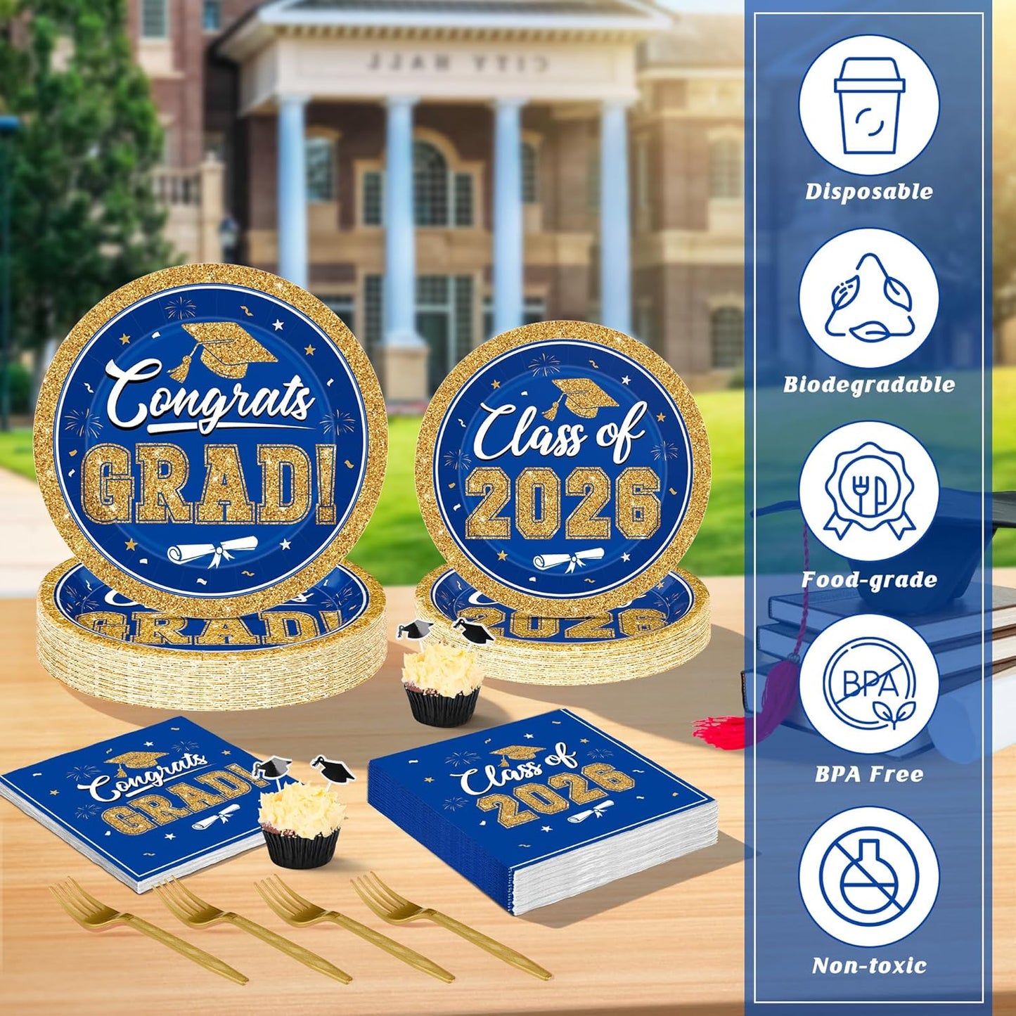 200Pcs Graduation Decorations 2026, Blue Graduation Plates and Napkins Party Supplies for 50 Guests, Disposable Grad Plates, Napkins, Dessert Plates and Forks for Grad Decor Wedding Birthday Supplies