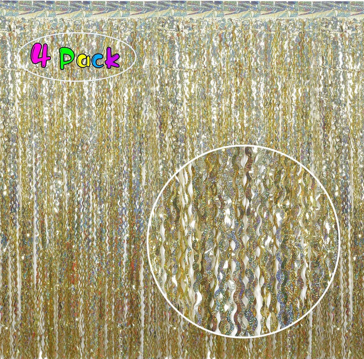 4 Pack Wavy Champagne Gold Metallic Tinsel Foil Fringe Curtains Backdrop - 3.3X6.6ft Foil Fringe Backdrop for Parties | Door Streamers for Birthday | Photo Booth Backdrops Party Decor