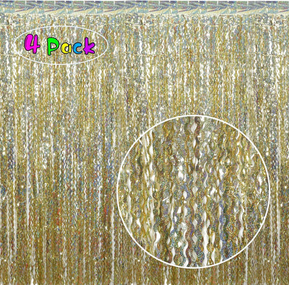 4 Pack Wavy Champagne Gold Metallic Tinsel Foil Fringe Curtains Backdrop - 3.3X6.6ft Foil Fringe Backdrop for Parties | Door Streamers for Birthday | Photo Booth Backdrops Party Decor