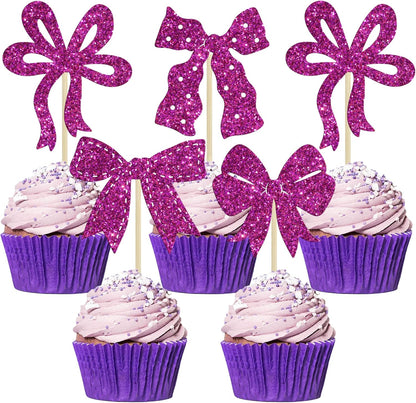 Ephlyn 24Pcs Pink Bow Cupcake Toppers Bow Birthday Cake Topper Girls Birthday Party Decorations Bowknot Cupcake Decorations for Bridal Wedding Themed Party Multi