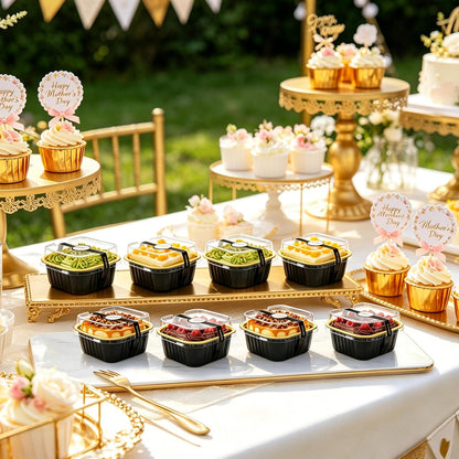 NPLUX 50 Pcs Mini Cake Pans with Lids and Spoons Aluminum Foil Mini Square Baking Cups with Lids Disposable Ramekins Cake Pans Dessert Cups for Wedding Mothers Day Gifts Party Favors(Pink,5oz)